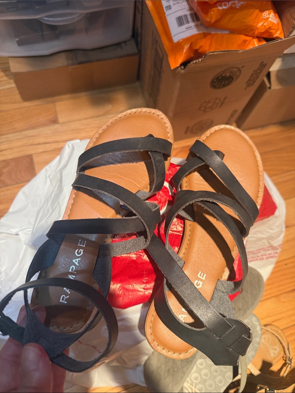 Rampage Kids Black Strappy Sandal with Tan Footbed